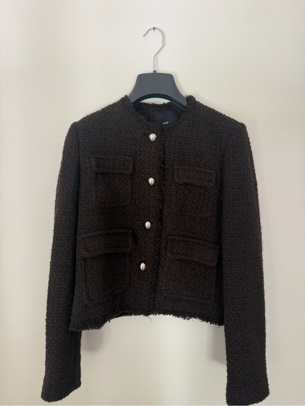 Mango Black Tweed Pearl-Button Cropped Jacket